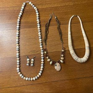 Lot of 3 neutral colored necklaces and 1 pair of pierced earrings
